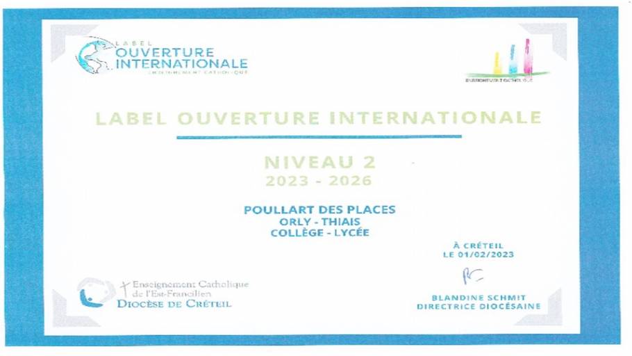 Le Collège/ LP Poullart Des Places a obtenu le Label Niveau 2 Ouverture internationale